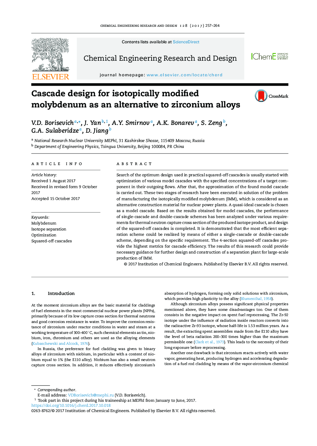 Cascade design for isotopically modified molybdenum as an alternative to zirconium alloys