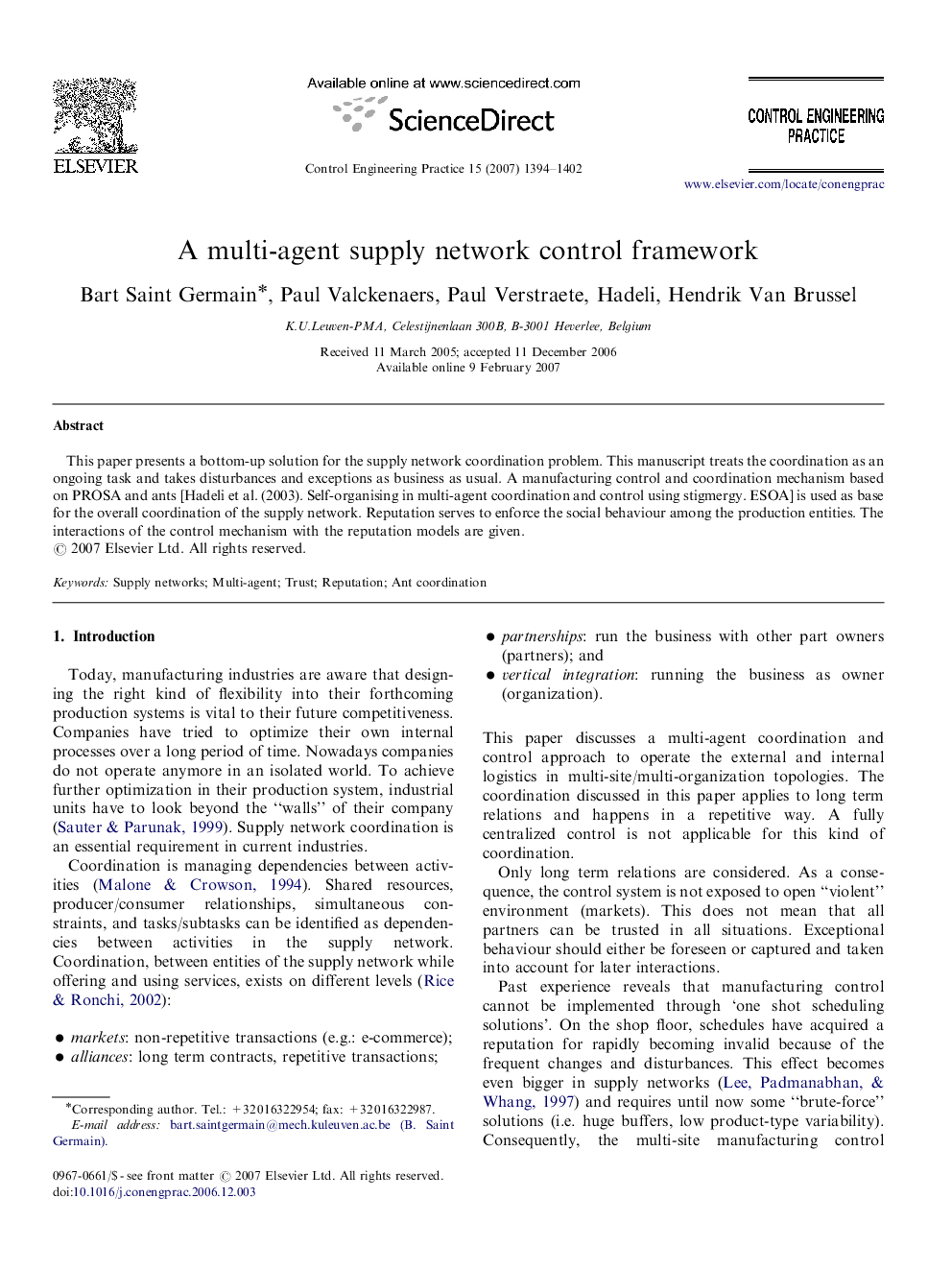 A multi-agent supply network control framework