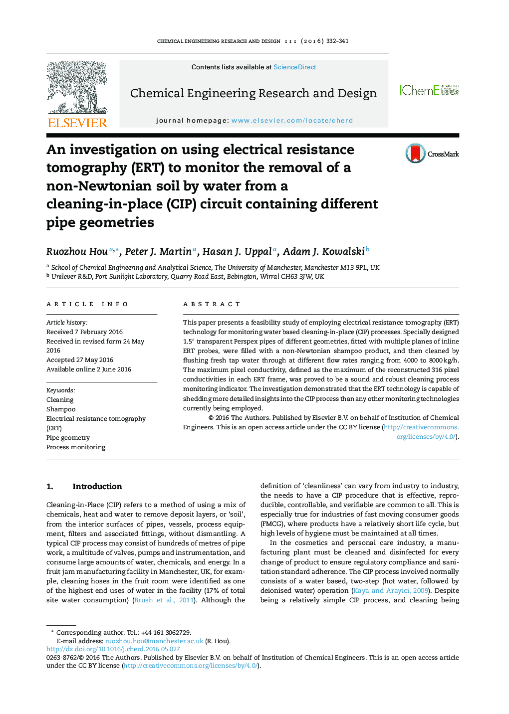 An investigation on using electrical resistance tomography (ERT) to monitor the removal of a non-Newtonian soil by water from a cleaning-in-place (CIP) circuit containing different pipe geometries