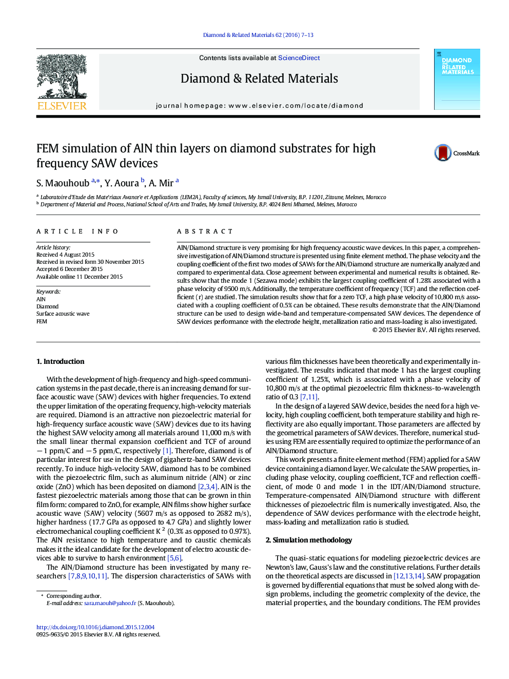 FEM simulation of AlN thin layers on diamond substrates for high frequency SAW devices