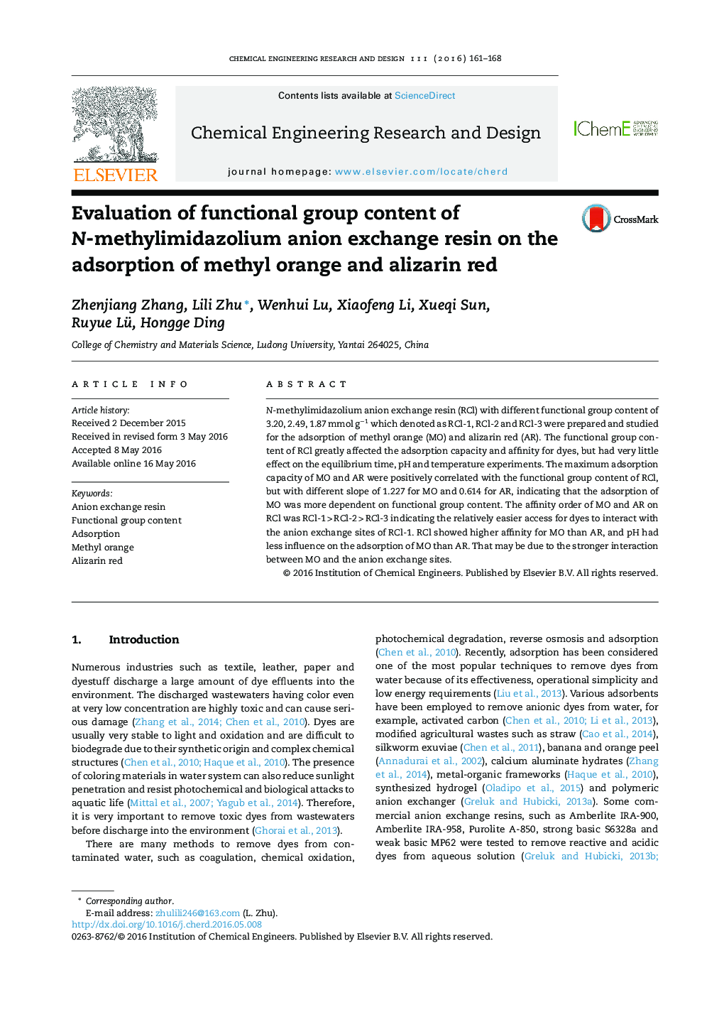 Evaluation of functional group content of N-methylimidazolium anion exchange resin on the adsorption of methyl orange and alizarin red