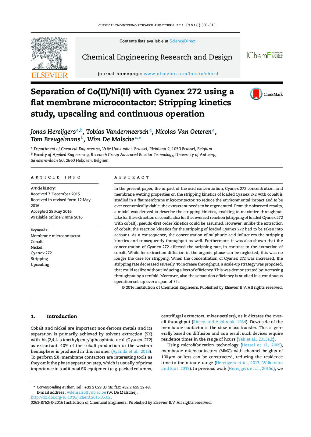 عکس صفحه اول مقاله: Separation of Co(II)/Ni(II) with Cyanex 272 using a flat membrane microcontactor: Stripping kinetics study, upscaling and continuous operation Separation of Co(II)/Ni(II) with Cyanex 272 using a flat membrane microcontactor: Stripping kinetics study, upscaling and continuous operation