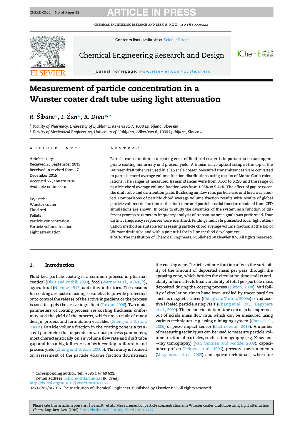 Measurement of particle concentration in a Wurster coater draft tube using light attenuation