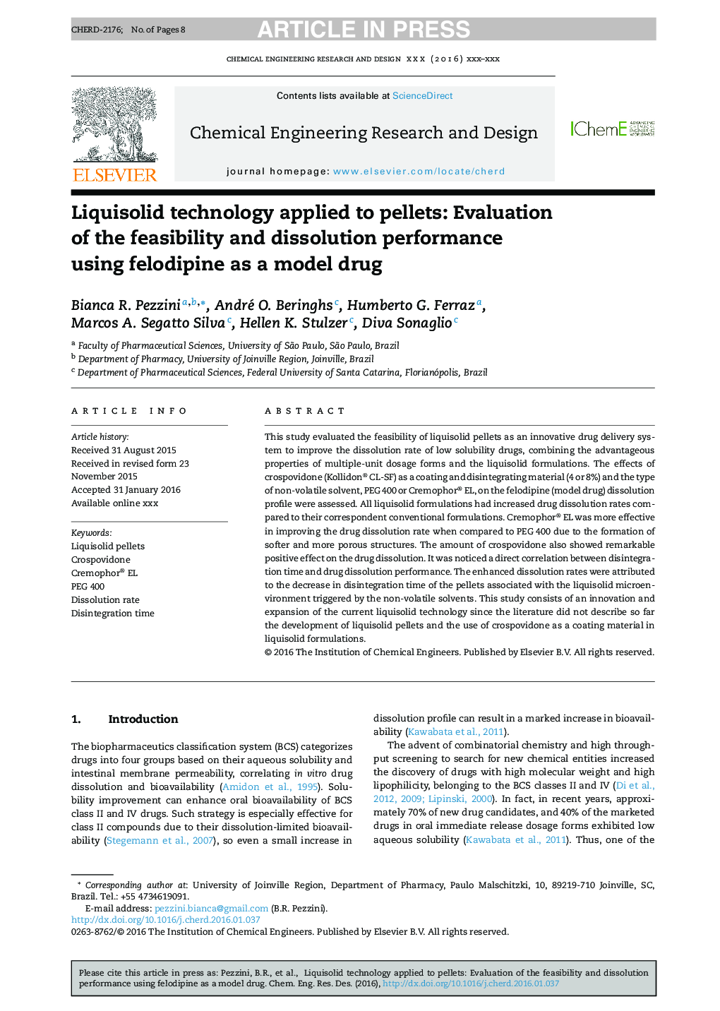 Liquisolid technology applied to pellets: Evaluation of the feasibility and dissolution performance using felodipine as a model drug