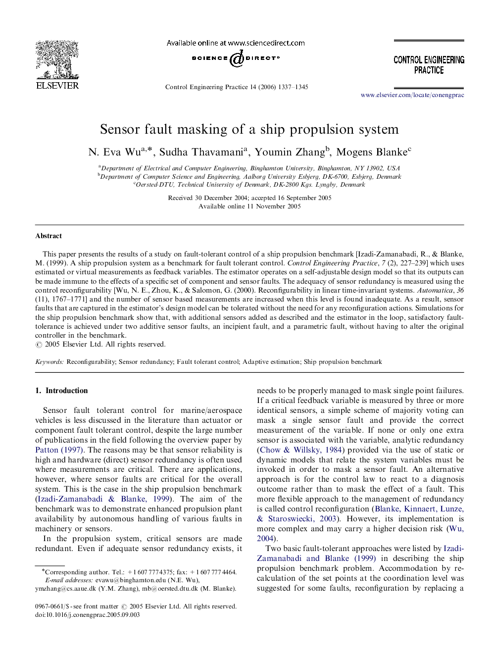 Sensor fault masking of a ship propulsion system