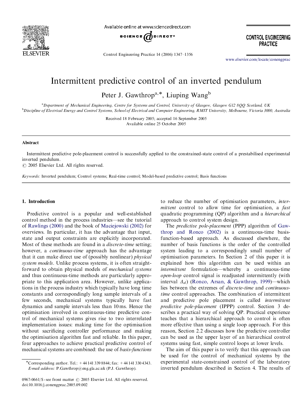 Intermittent predictive control of an inverted pendulum