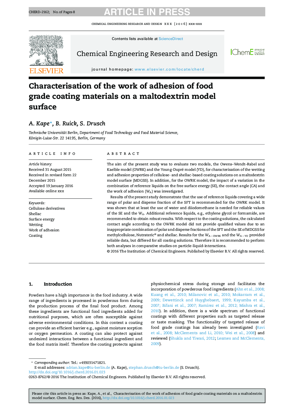 Characterisation of the work of adhesion of food grade coating materials on a maltodextrin model surface