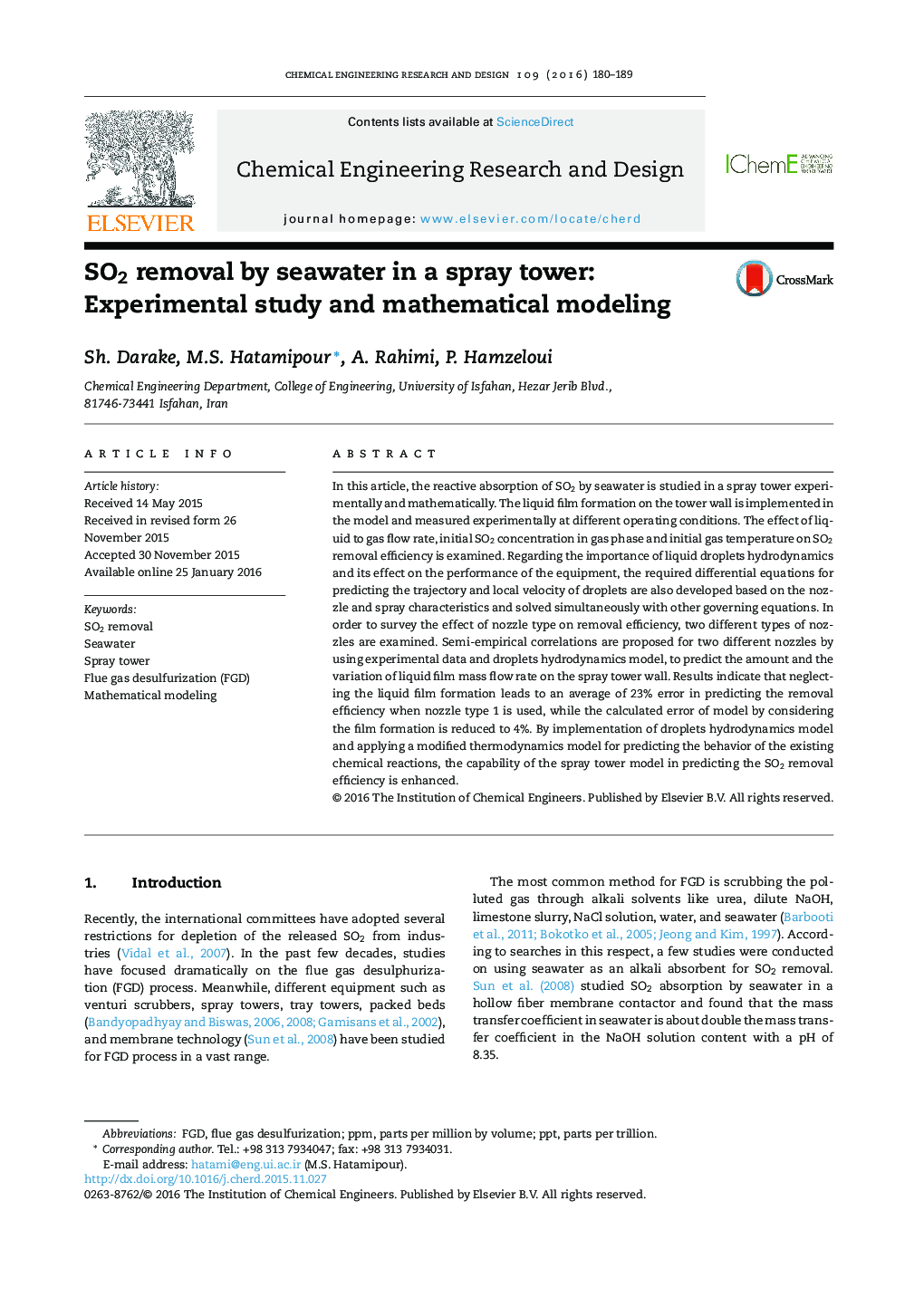 SO2 removal by seawater in a spray tower: Experimental study and mathematical modeling