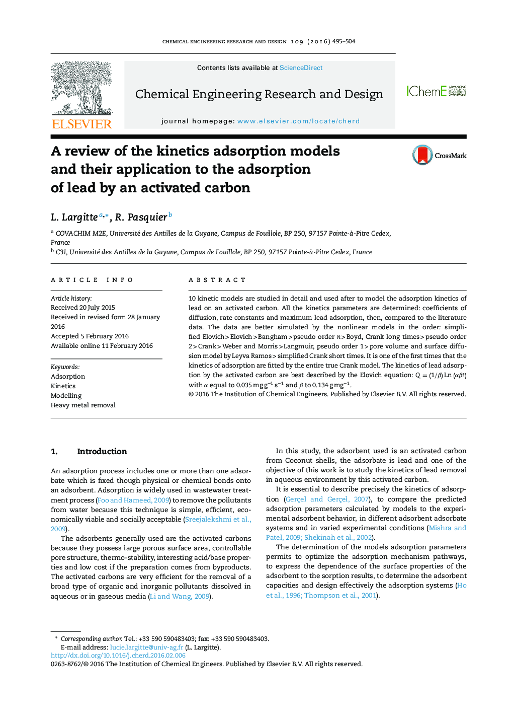 بررسی مدل های جذب سینتیک و کاربرد آنها در جذب سرب توسط کربن فعال 