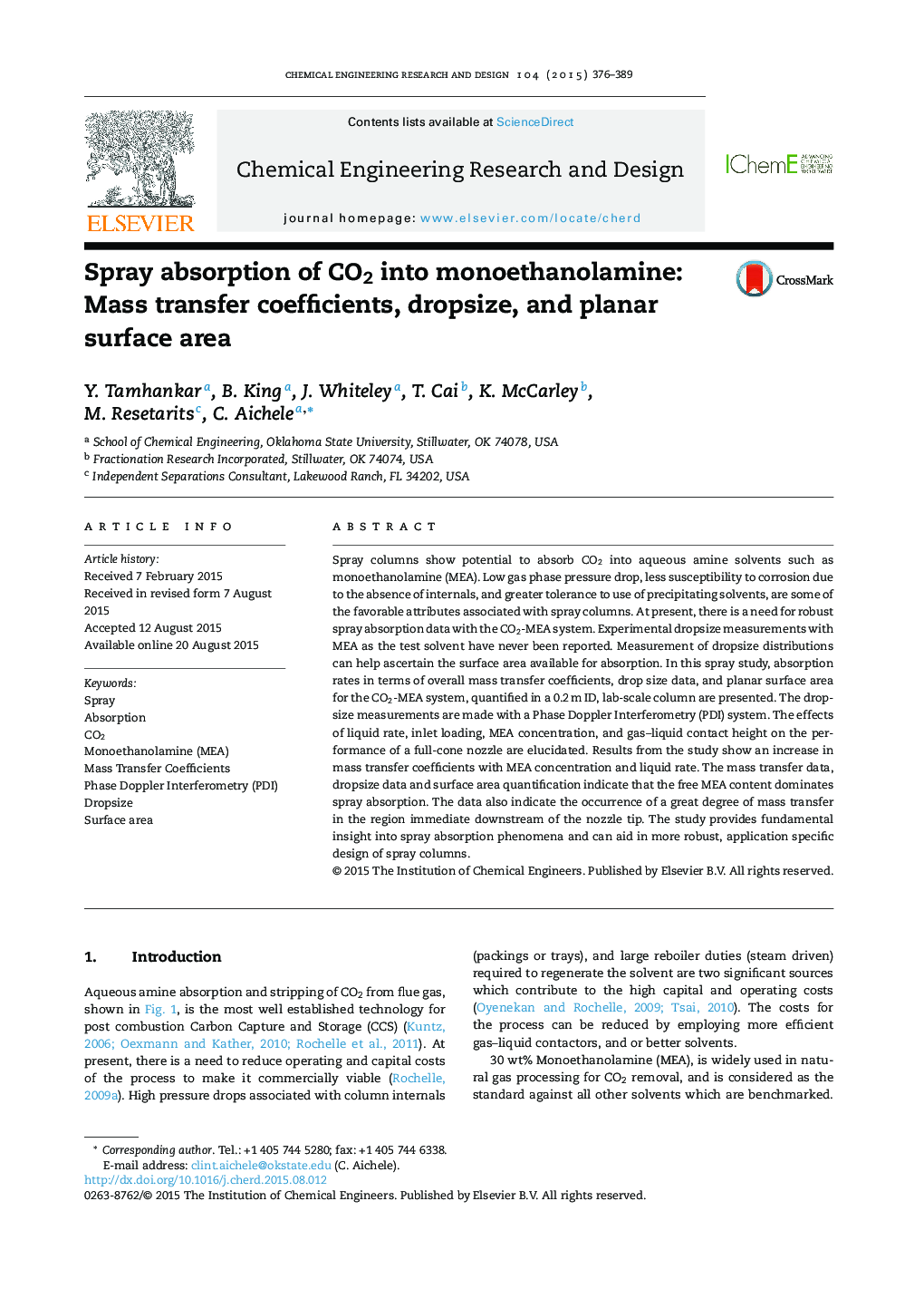 اسپری جذب دی اکسید کربن به مونو اتانولامین: ضریب انتقال جرم، قطر و سطح مسطح 