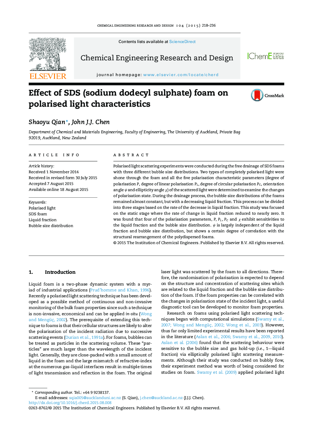 Effect of SDS (sodium dodecyl sulphate) foam on polarised light characteristics