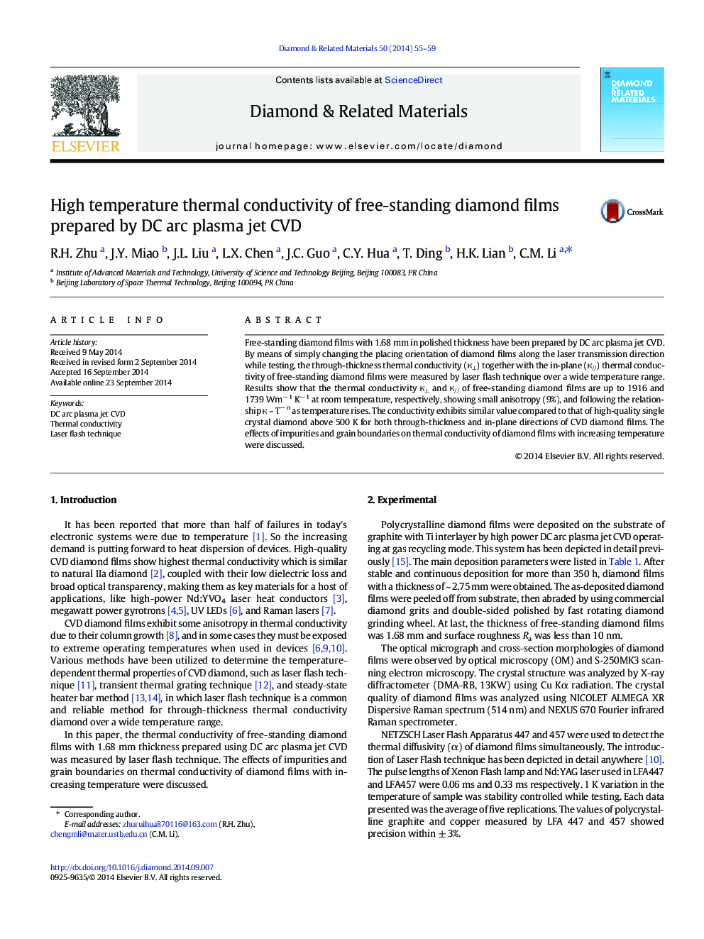 High temperature thermal conductivity of free-standing diamond films prepared by DC arc plasma jet CVD