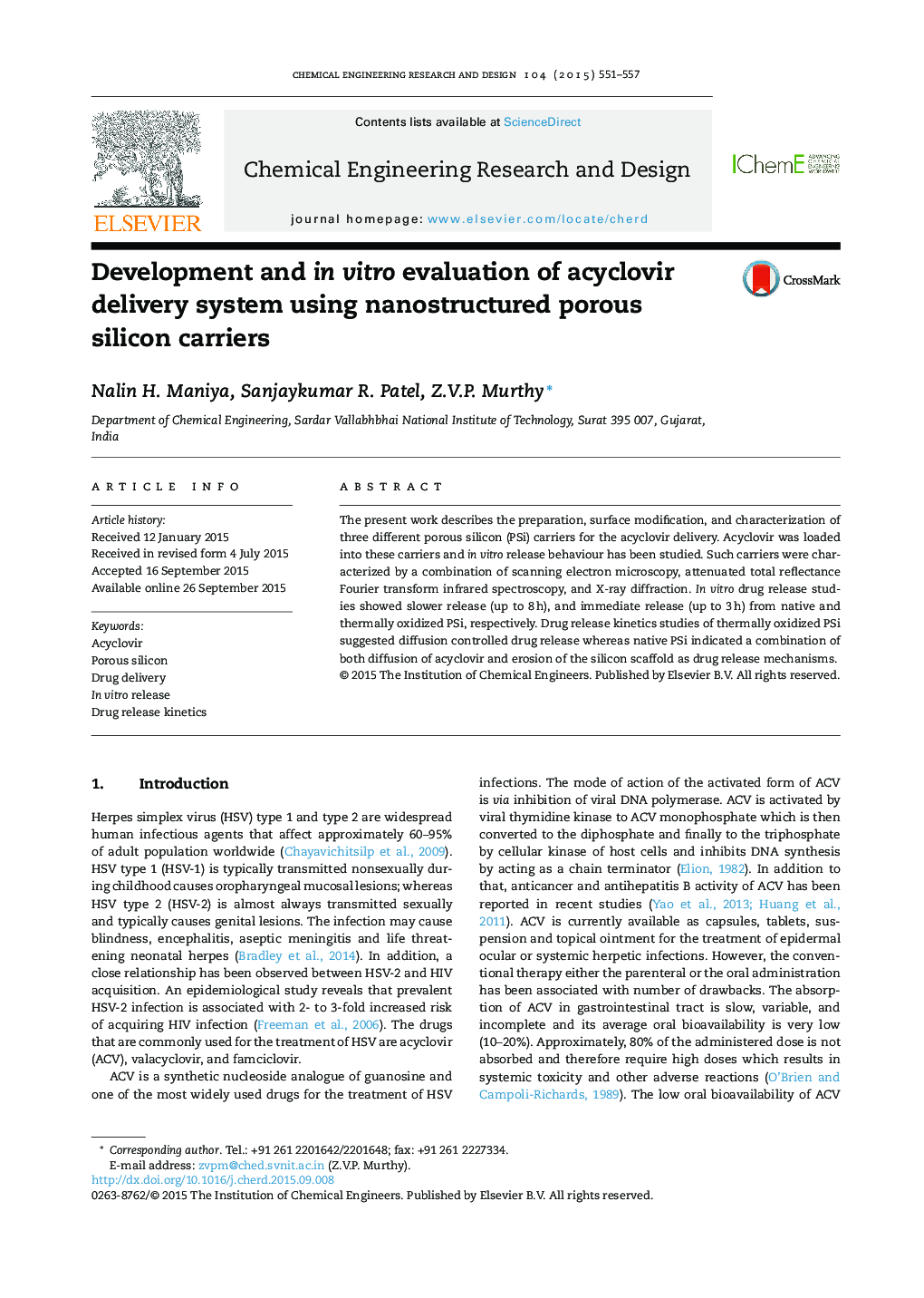 Development and in vitro evaluation of acyclovir delivery system using nanostructured porous silicon carriers