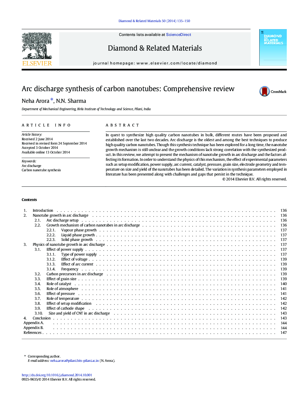 Arc discharge synthesis of carbon nanotubes: Comprehensive review