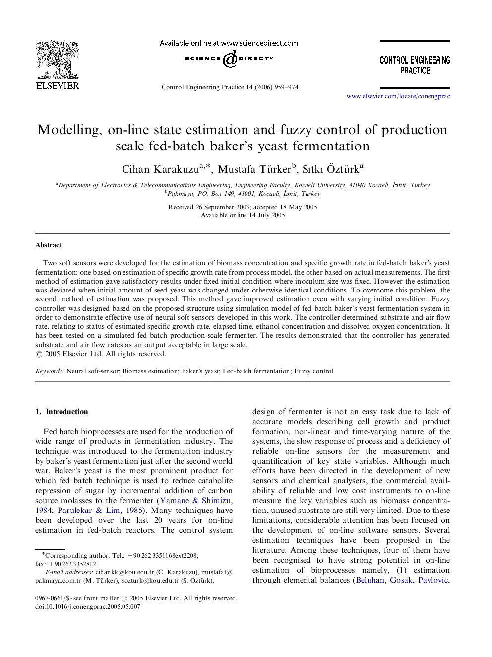 Modelling, on-line state estimation and fuzzy control of production scale fed-batch baker's yeast fermentation