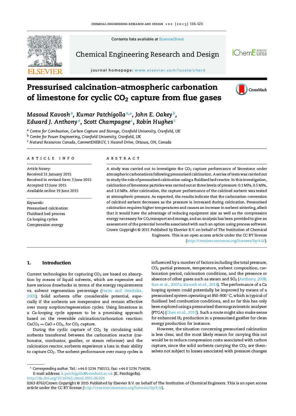 عکس صفحه اول مقاله: Pressurised calcination-atmospheric carbonation of limestone for cyclic CO2 capture from flue gases Pressurised calcination-atmospheric carbonation of limestone for cyclic CO2 capture from flue gases