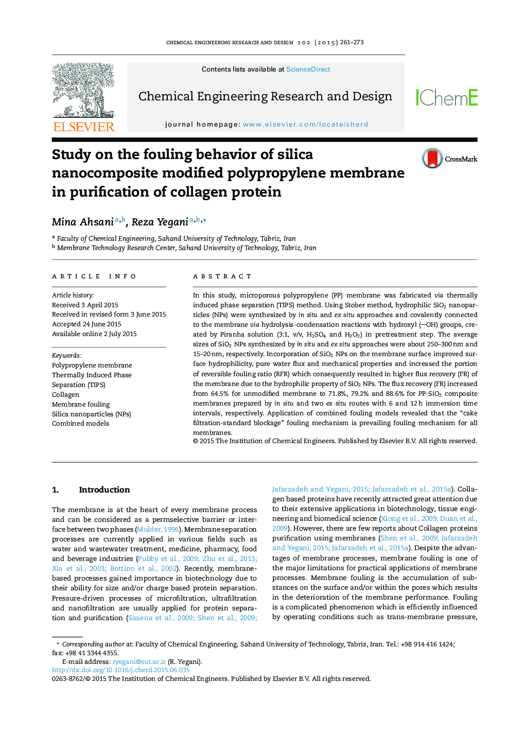 بررسی رفتار تخریب غشاء پلی پروپیلن اصلاح نانو کامپوزیت سیلیکا در پاکسازی پروتئین کلاژن 