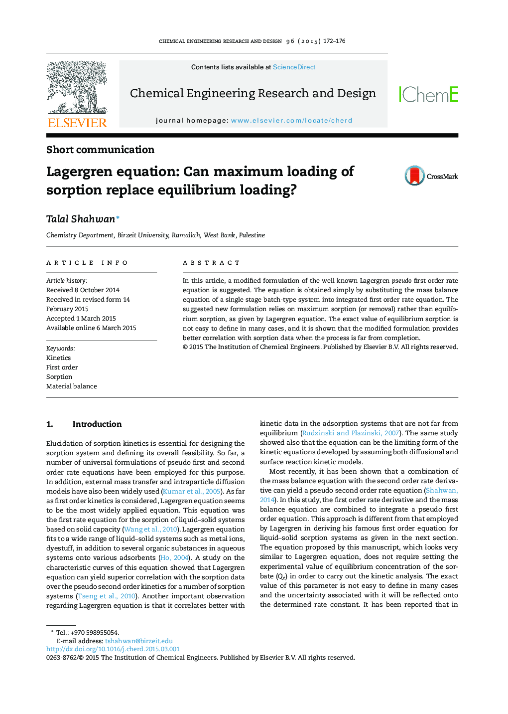 Lagergren equation: Can maximum loading of sorption replace equilibrium loading?