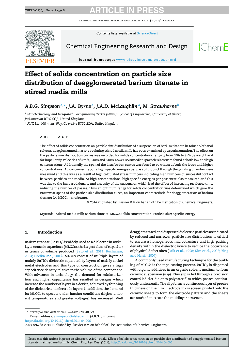 Effect of solids concentration on particle size distribution of deagglomerated barium titanate in stirred media mills