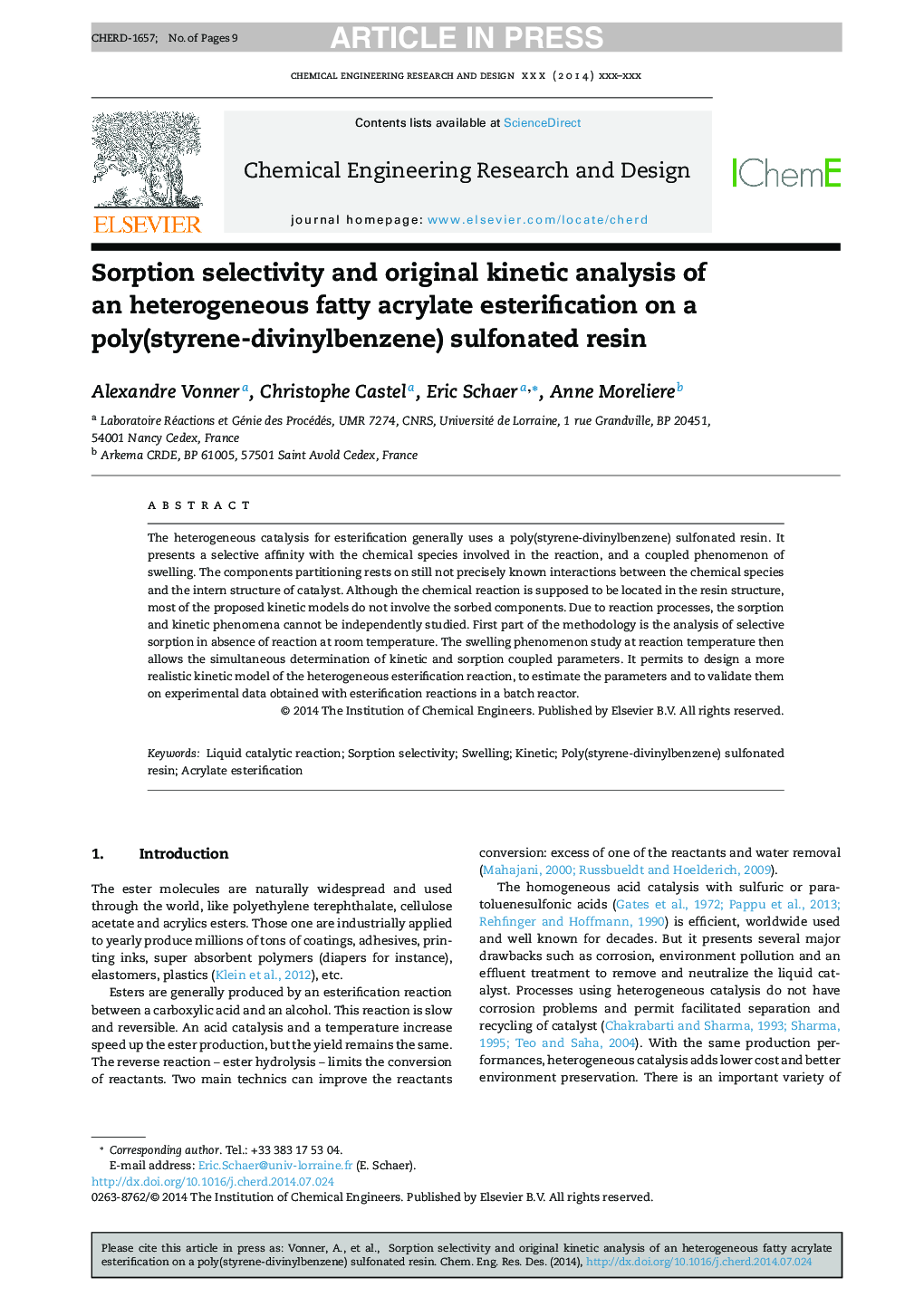 Sorption selectivity and original kinetic analysis of an heterogeneous fatty acrylate esterification on a poly(styrene-divinylbenzene) sulfonated resin