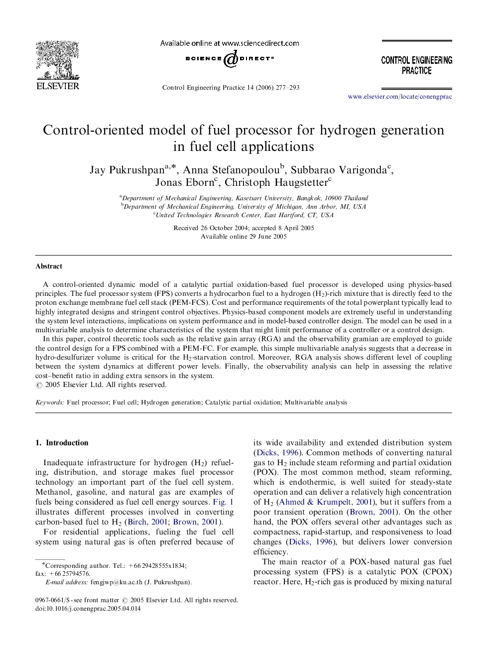 Control-oriented model of fuel processor for hydrogen generation in fuel cell applications