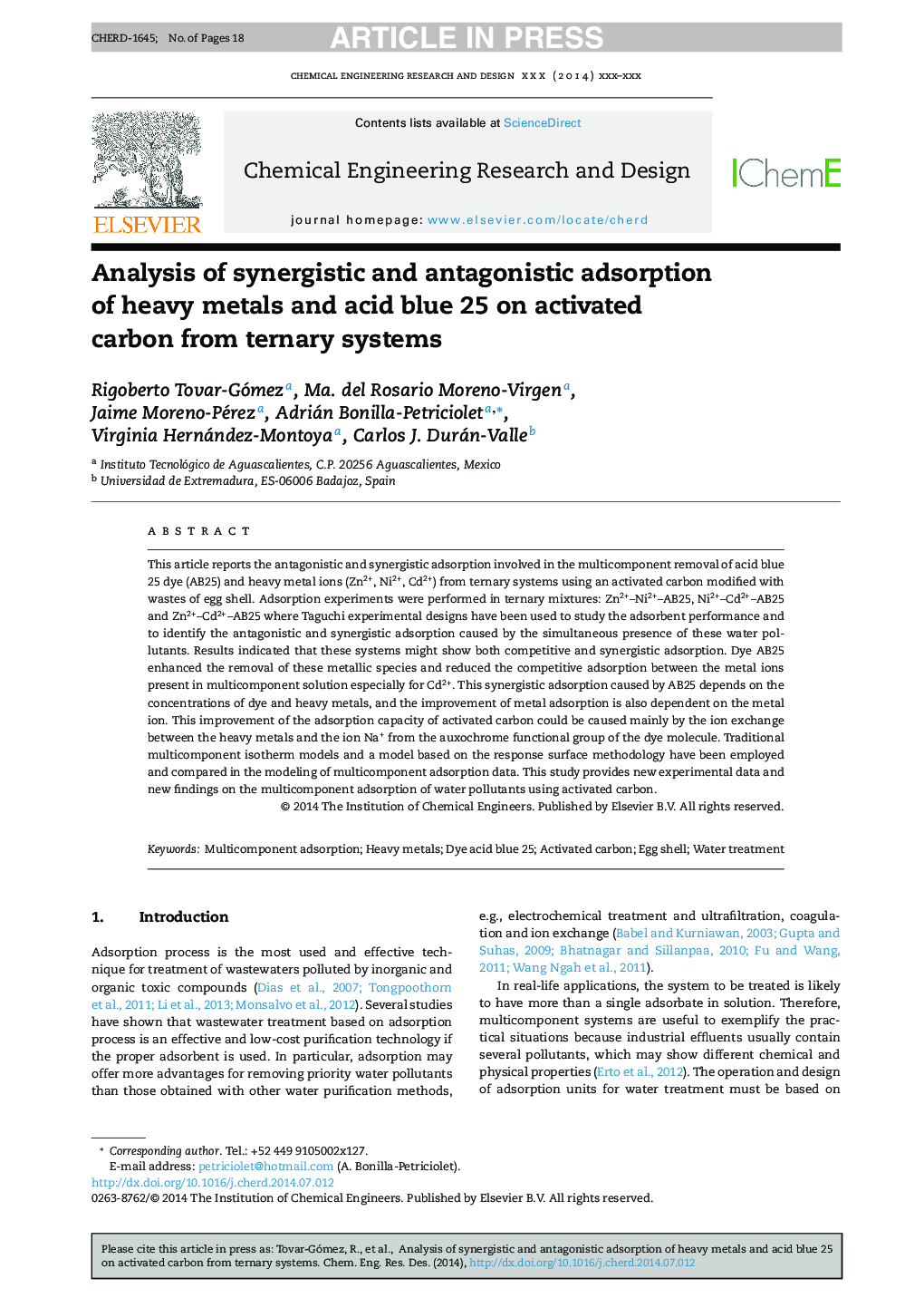 Analysis of synergistic and antagonistic adsorption of heavy metals and acid blue 25 on activated carbon from ternary systems