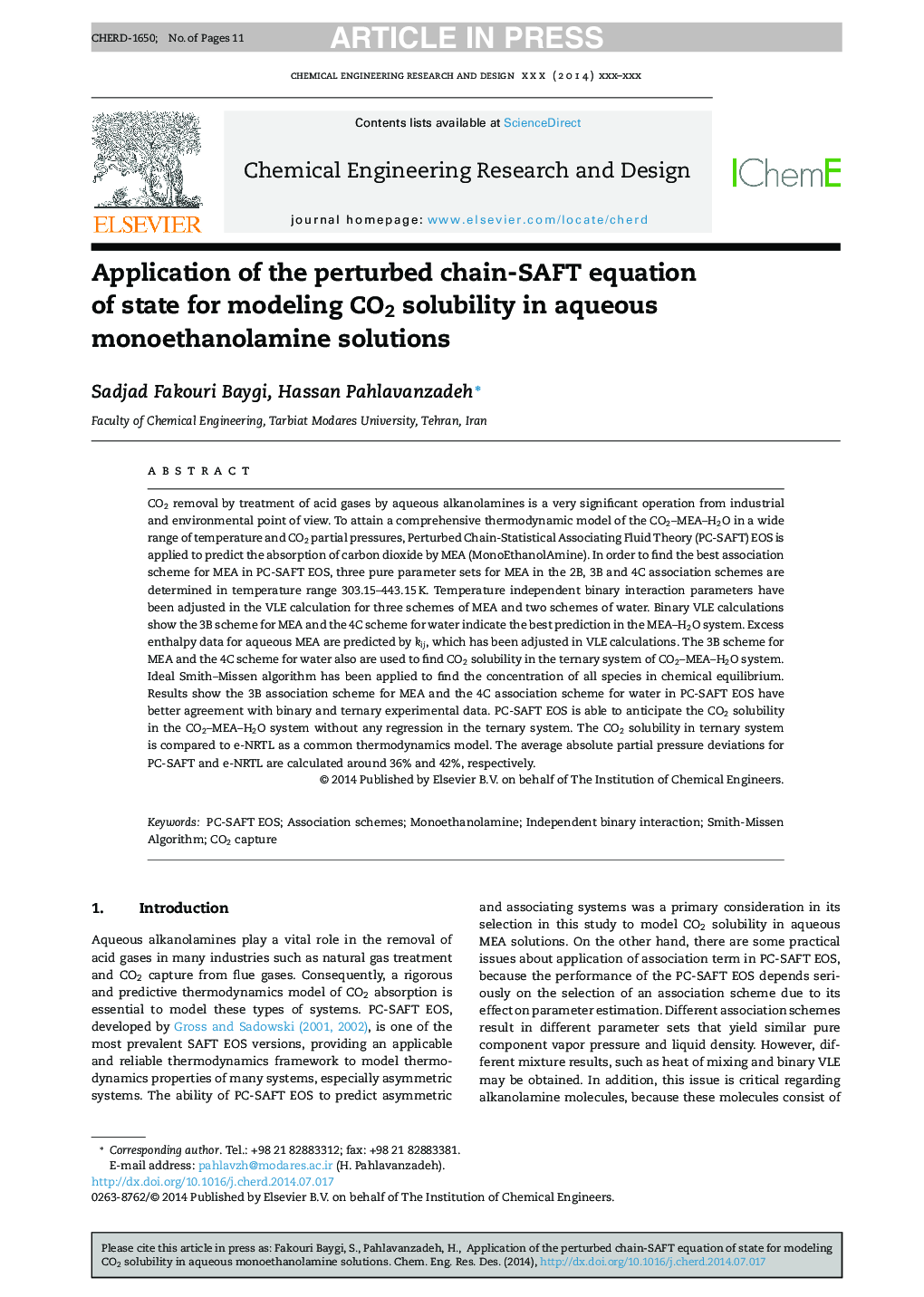 Application of the perturbed chain-SAFT equation of state for modeling CO2 solubility in aqueous monoethanolamine solutions