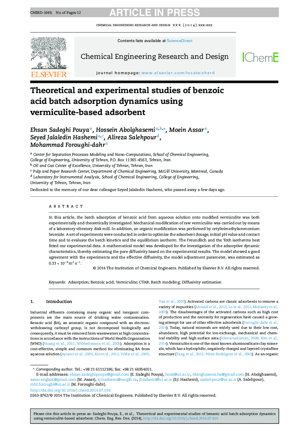 Theoretical and experimental studies of benzoic acid batch adsorption dynamics using vermiculite-based adsorbent