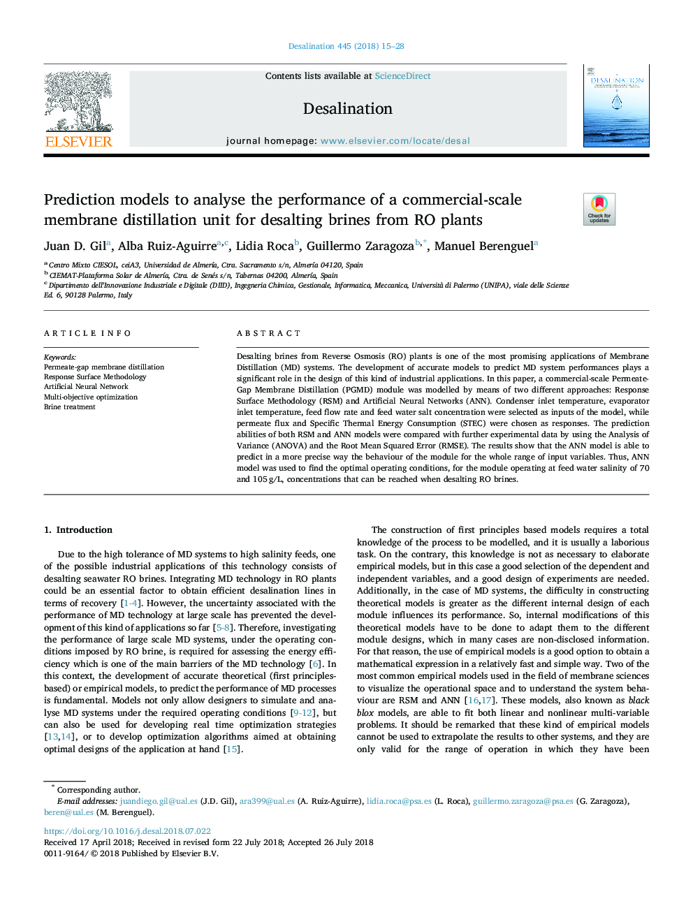 Prediction models to analyse the performance of a commercial-scale membrane distillation unit for desalting brines from RO plants