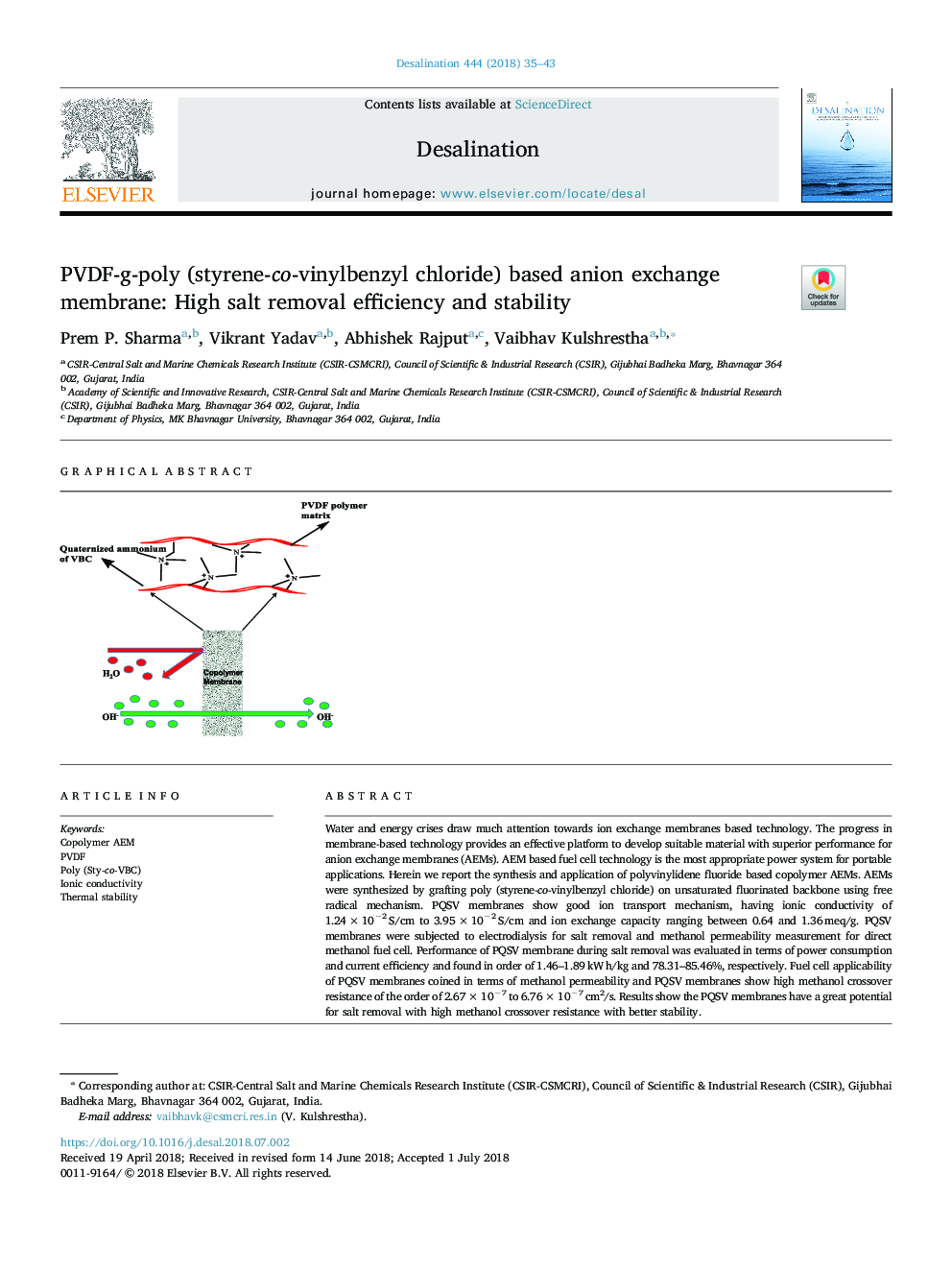 PVDF-g-poly (styrene-co-vinylbenzyl chloride) based anion exchange membrane: High salt removal efficiency and stability