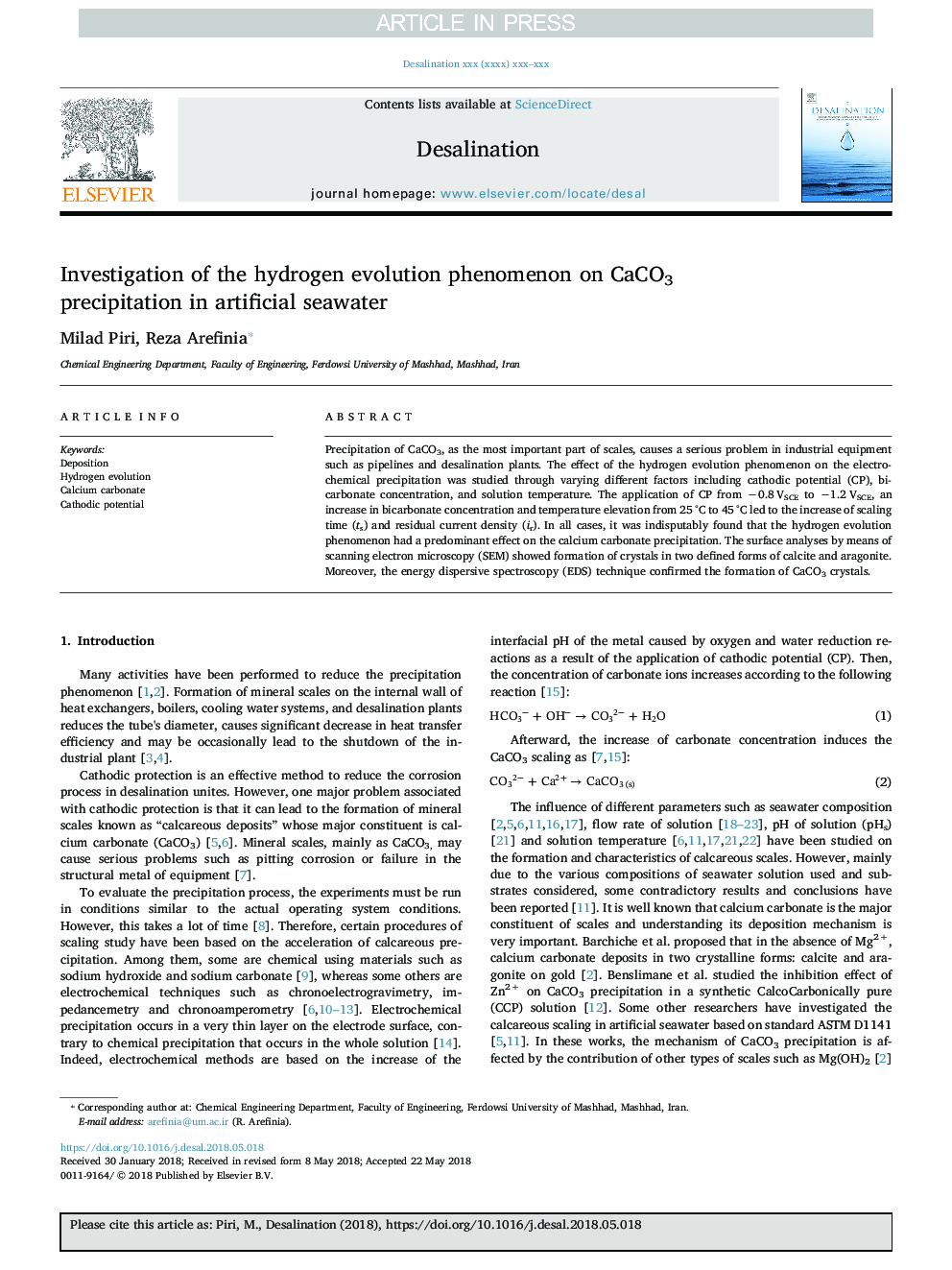 Investigation of the hydrogen evolution phenomenon on CaCO3 precipitation in artificial seawater