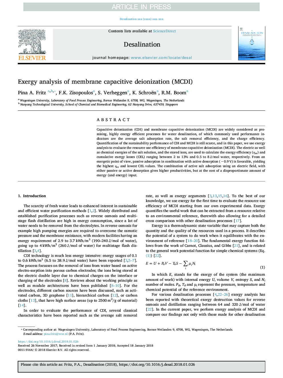 Exergy analysis of membrane capacitive deionization (MCDI)