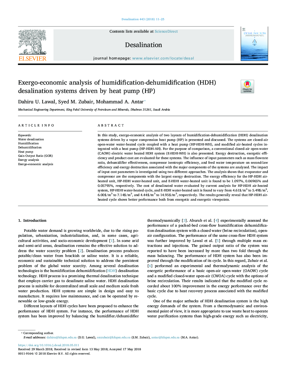Exergo-economic analysis of humidification-dehumidification (HDH) desalination systems driven by heat pump (HP)