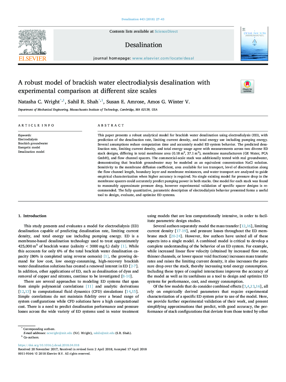 A robust model of brackish water electrodialysis desalination with experimental comparison at different size scales