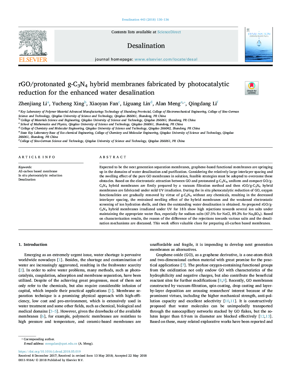 rGO/protonated g-C3N4 hybrid membranes fabricated by photocatalytic reduction for the enhanced water desalination