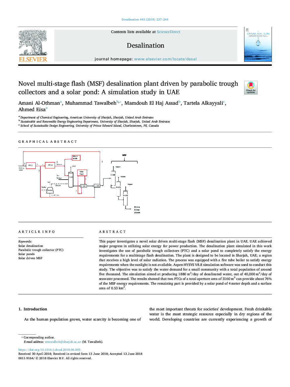 Novel multi-stage flash (MSF) desalination plant driven by parabolic trough collectors and a solar pond: A simulation study in UAE