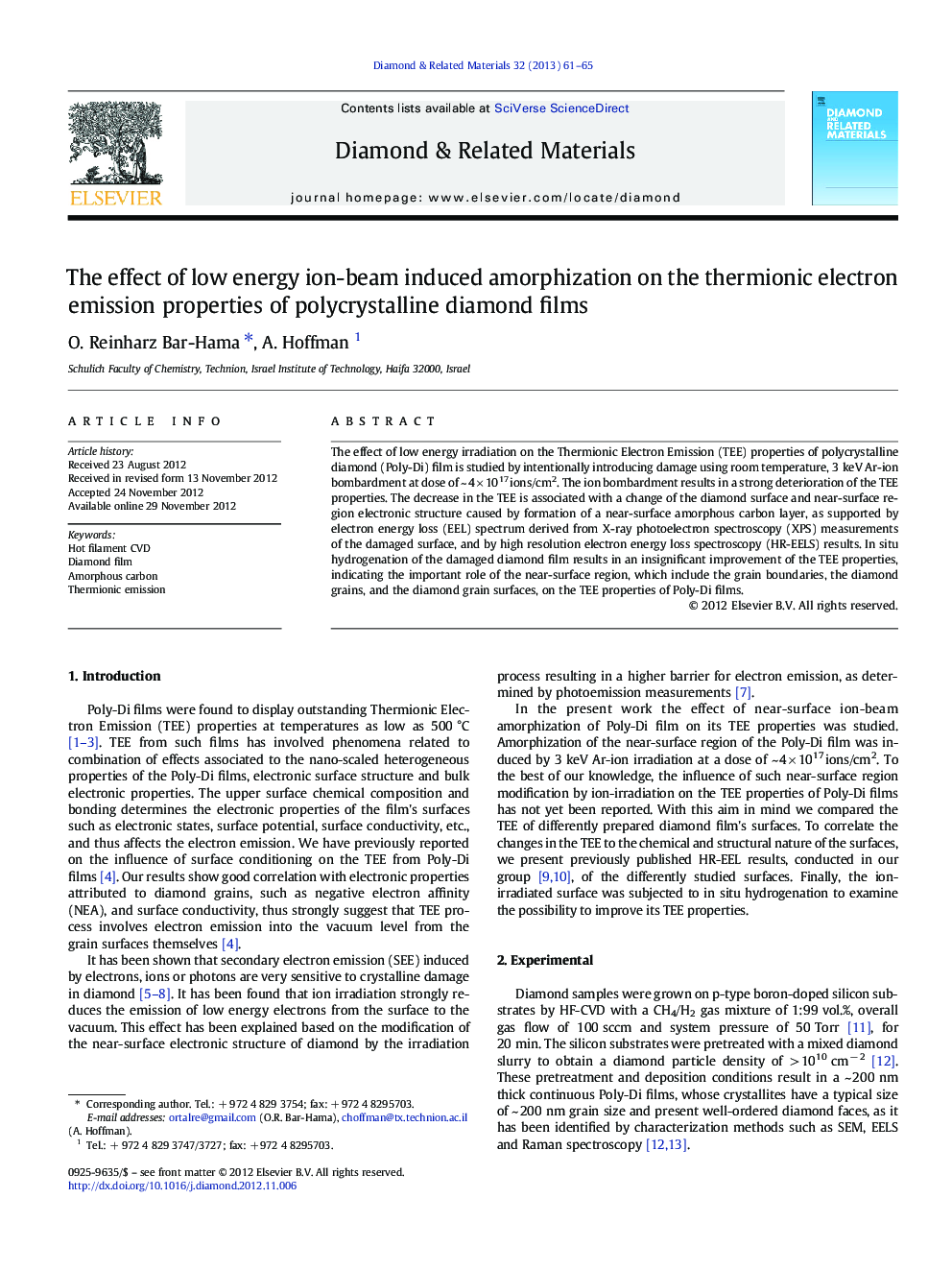 The effect of low energy ion-beam induced amorphization on the thermionic electron emission properties of polycrystalline diamond films