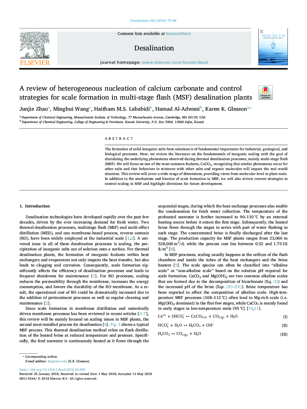 A review of heterogeneous nucleation of calcium carbonate and control strategies for scale formation in multi-stage flash (MSF) desalination plants