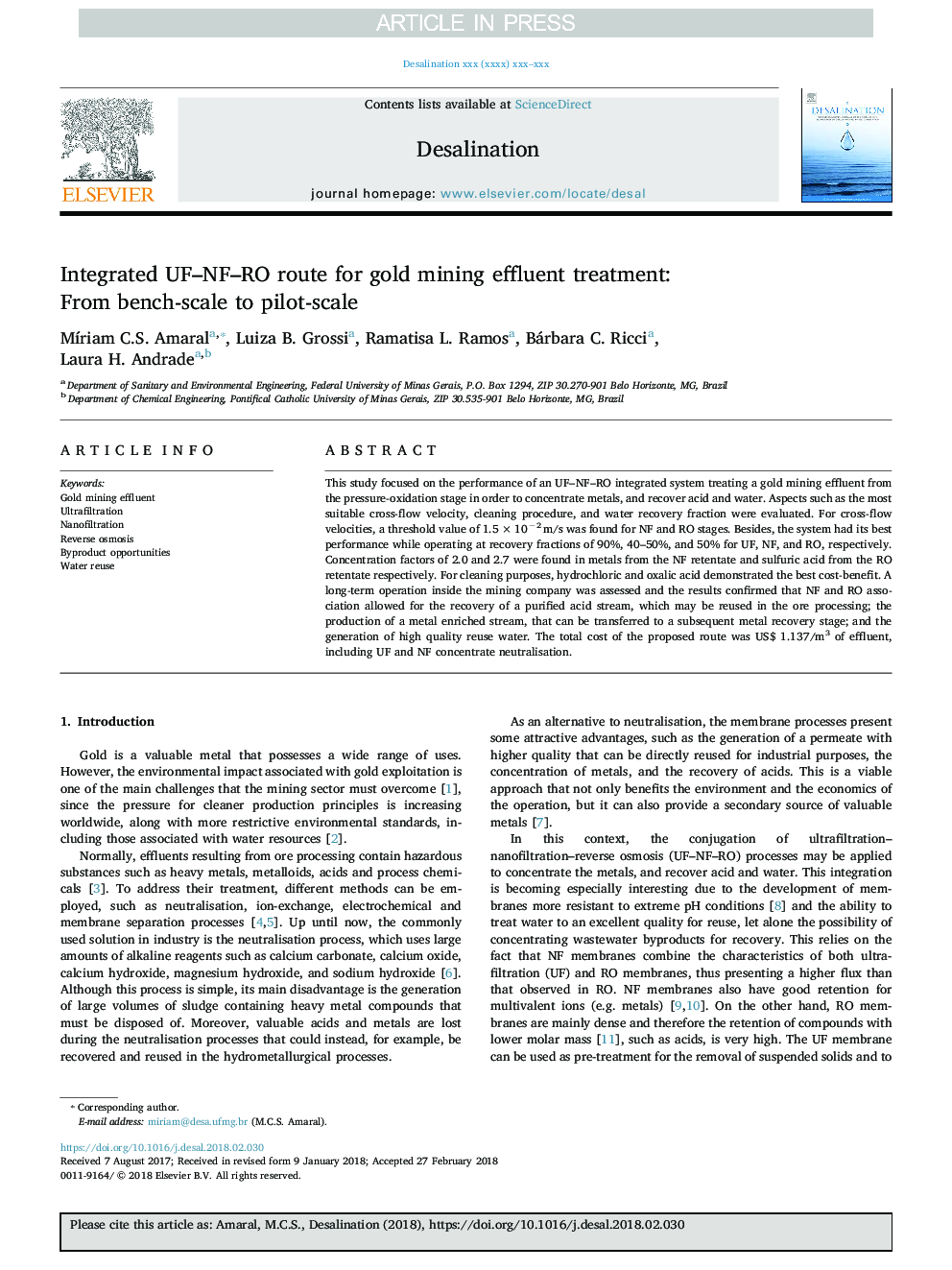 عکس صفحه اول مقاله: Integrated UF-NF-RO route for gold mining effluent treatment: From bench-scale to pilot-scale Integrated UF-NF-RO route for gold mining effluent treatment: From bench-scale to pilot-scale