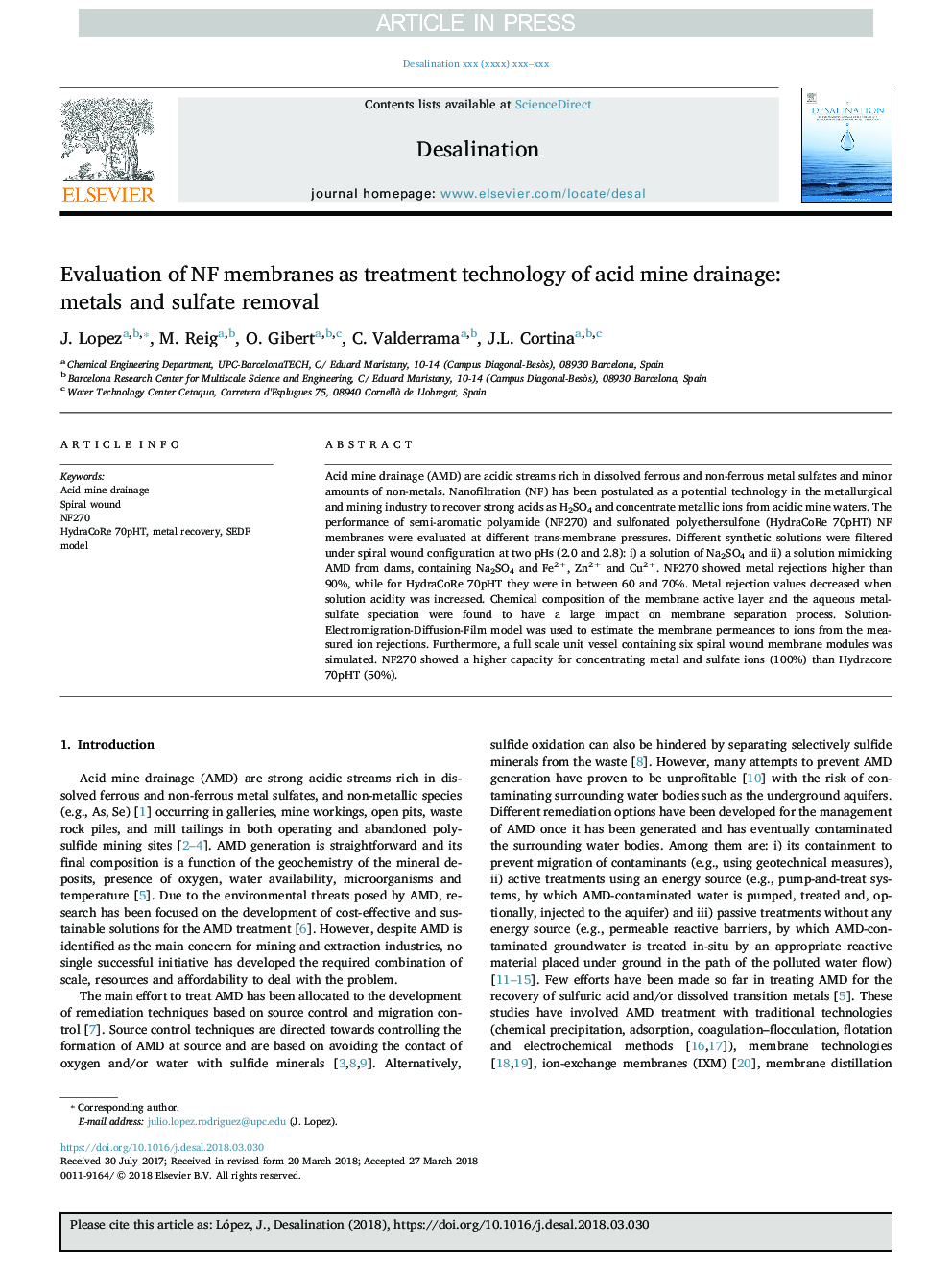 Evaluation of NF membranes as treatment technology of acid mine drainage: metals and sulfate removal