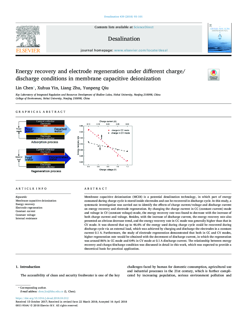 Energy recovery and electrode regeneration under different charge/discharge conditions in membrane capacitive deionization