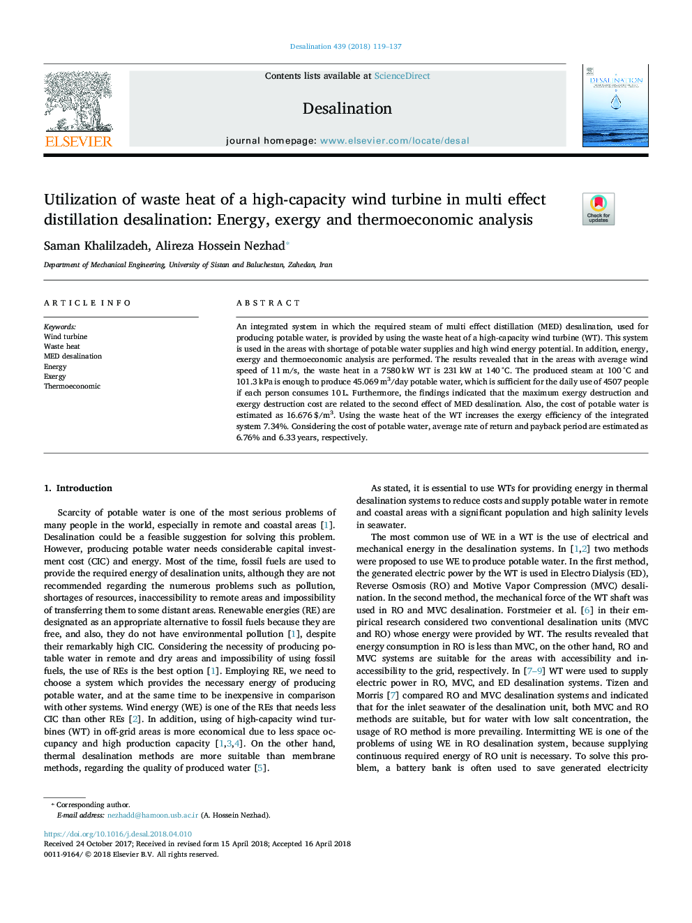 Utilization of waste heat of a high-capacity wind turbine in multi effect distillation desalination: Energy, exergy and thermoeconomic analysis