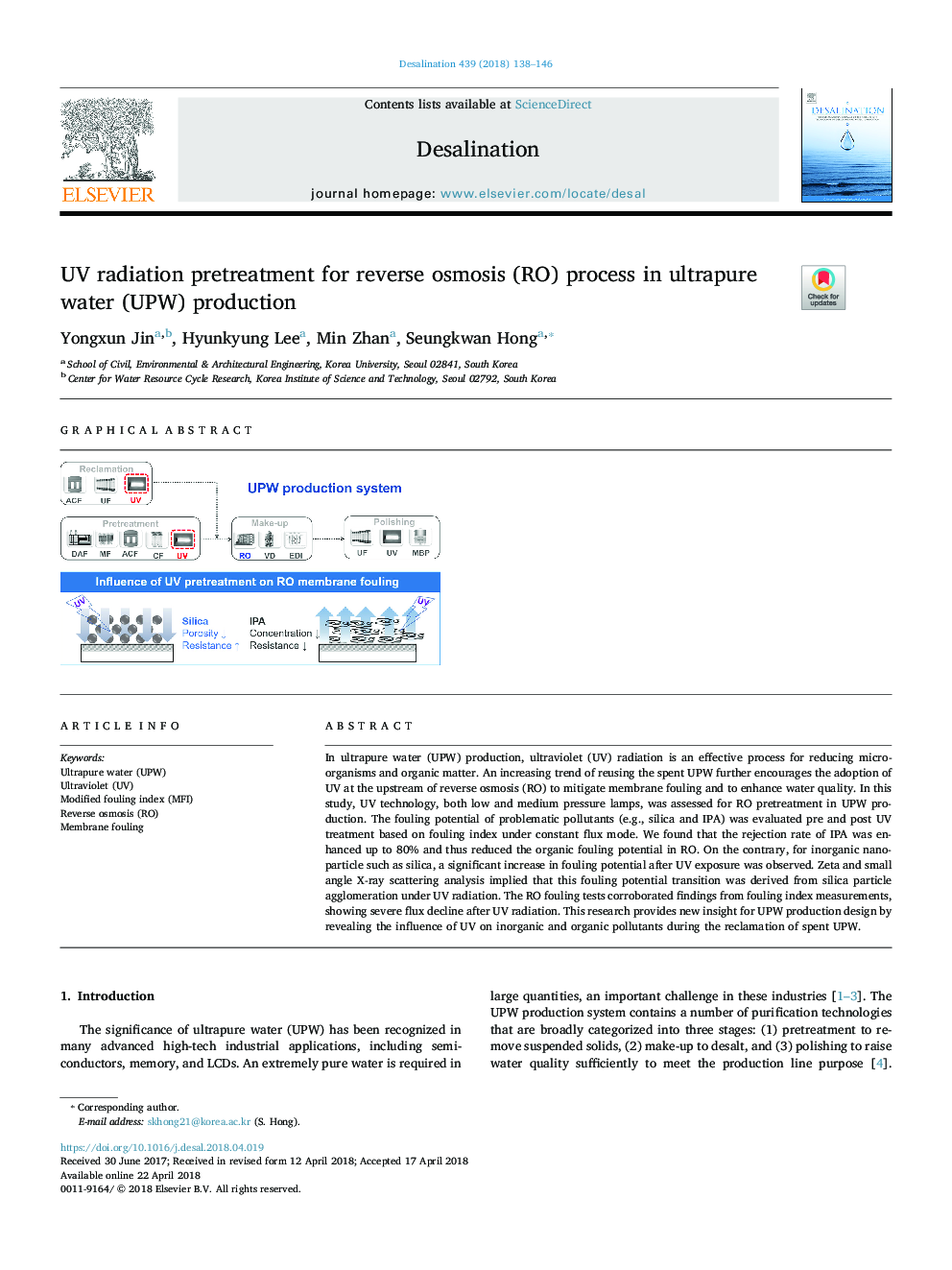 UV radiation pretreatment for reverse osmosis (RO) process in ultrapure water (UPW) production