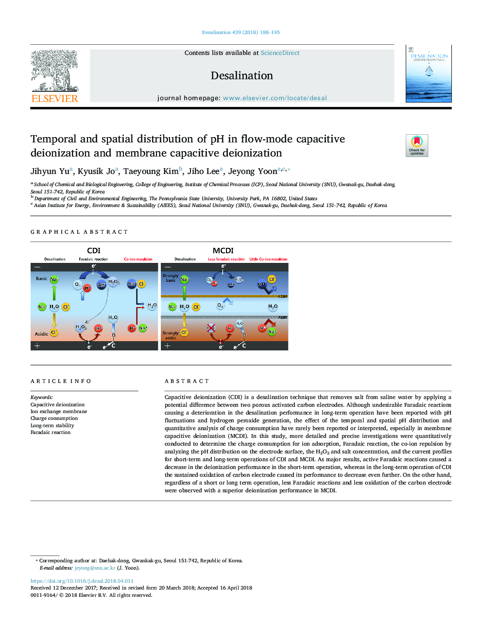 Temporal and spatial distribution of pH in flow-mode capacitive deionization and membrane capacitive deionization