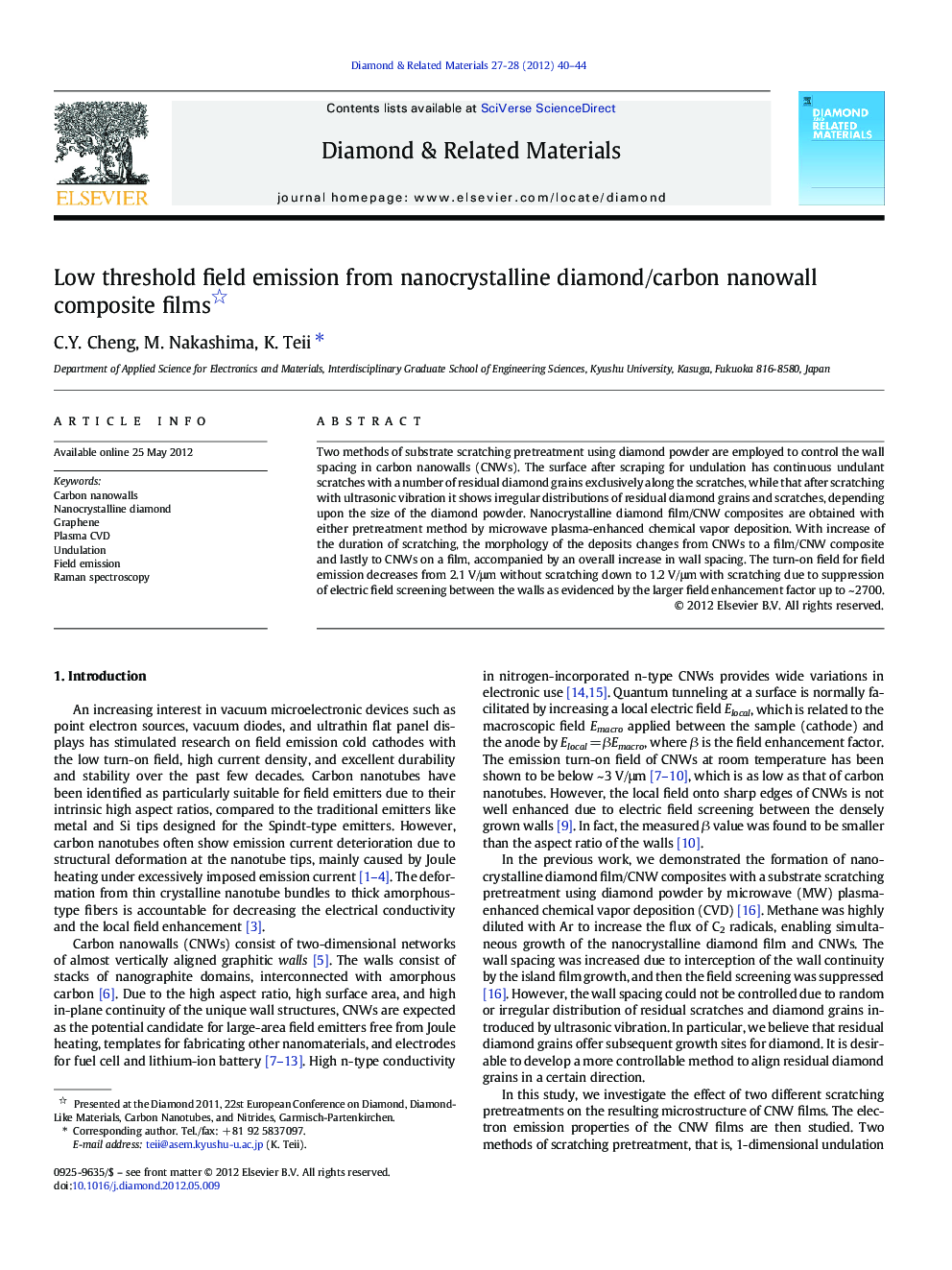 Low threshold field emission from nanocrystalline diamond/carbon nanowall composite films 