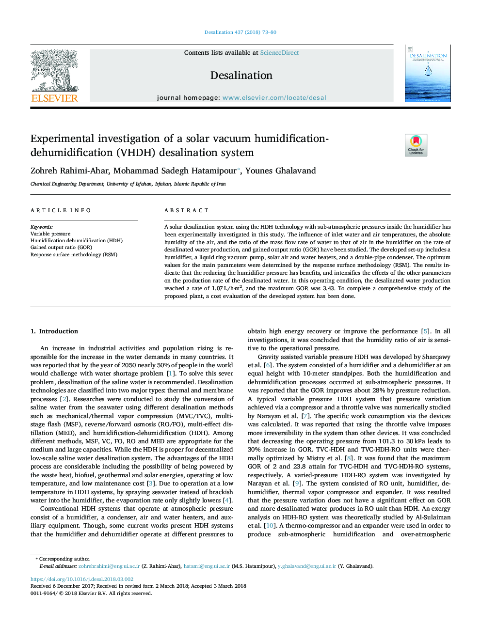 Experimental investigation of a solar vacuum humidification-dehumidification (VHDH) desalination system