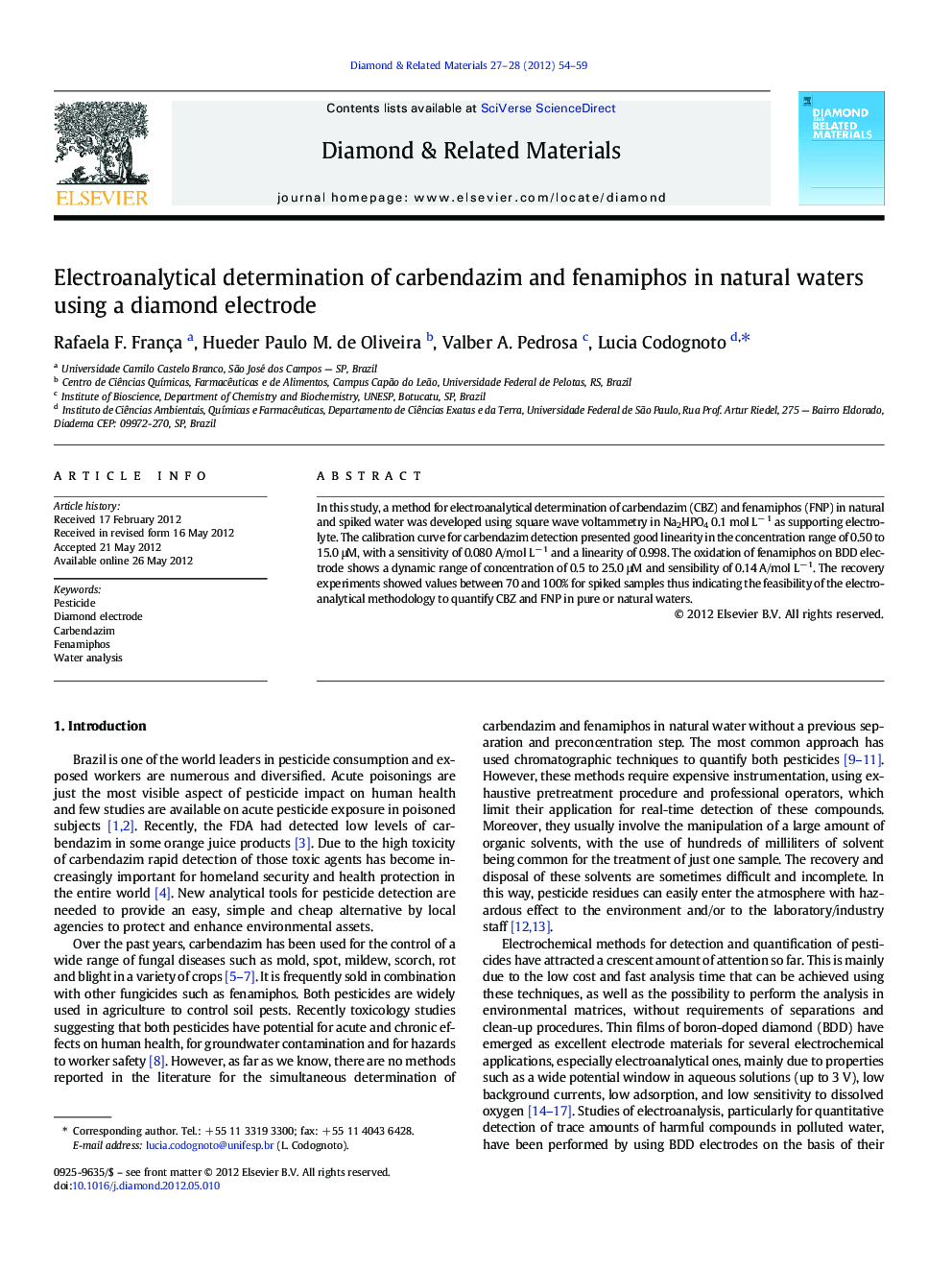 Electroanalytical determination of carbendazim and fenamiphos in natural waters using a diamond electrode