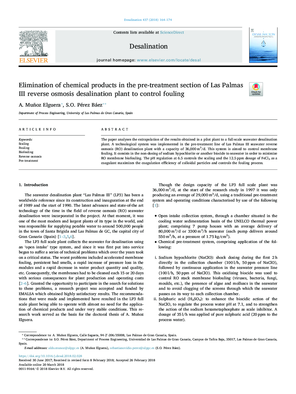 Elimination of chemical products in the pre-treatment section of Las Palmas III reverse osmosis desalination plant to control fouling