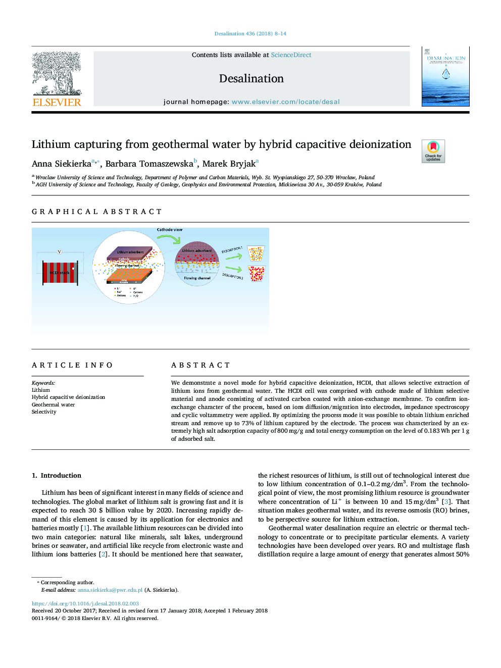 Lithium capturing from geothermal water by hybrid capacitive deionization