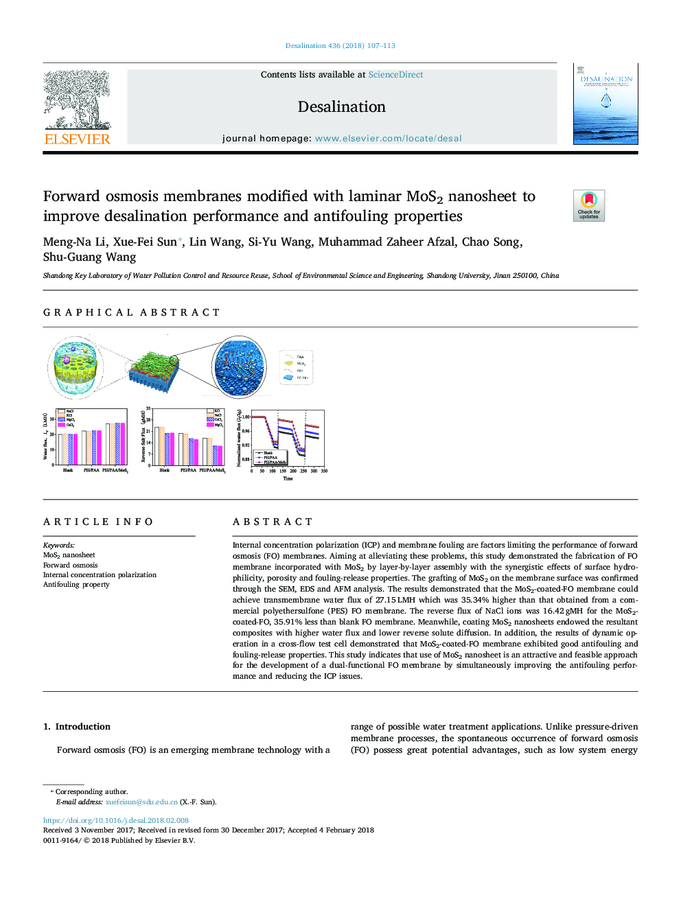 Forward osmosis membranes modified with laminar MoS2 nanosheet to improve desalination performance and antifouling properties